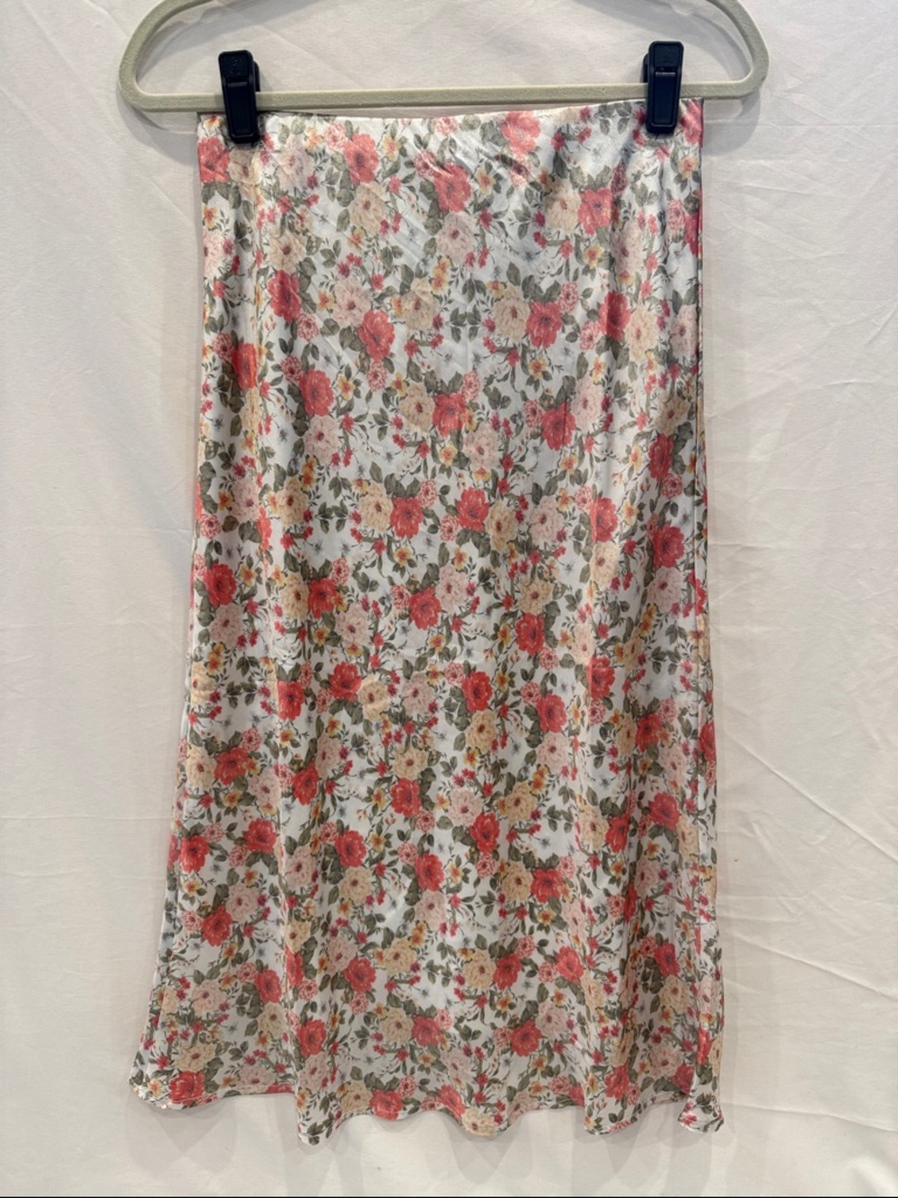 Wayf Floral Midi Skirt in White with Pink and Green Print